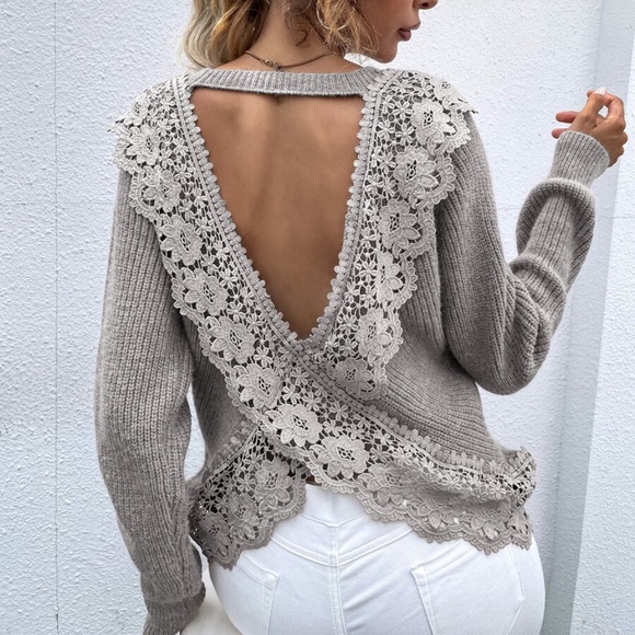 BellanBlue Sweaters - Cozy Grey Floral Embroidered Oversized Lace Sweater